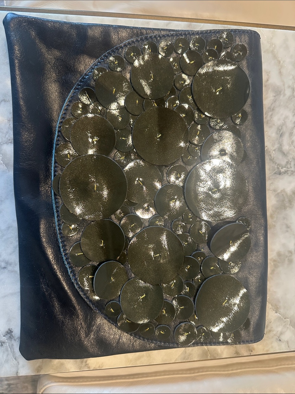 Navy Blue Genuine Leather w/ Green patent circle appliqué fold over Clutch